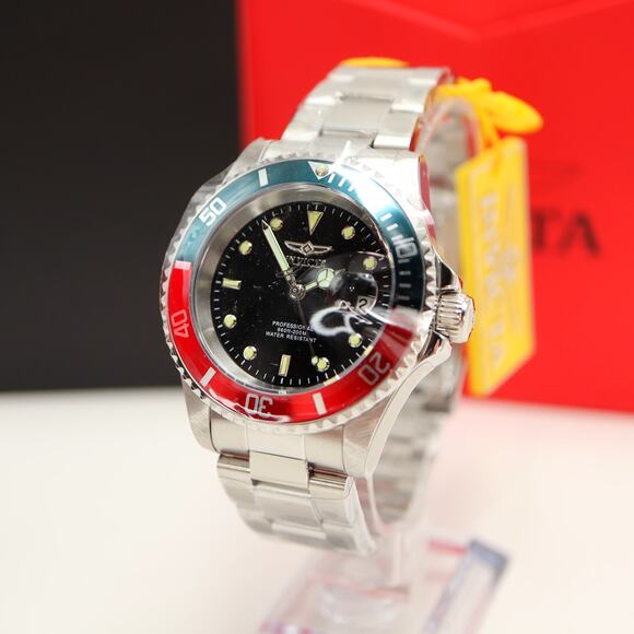 Invicta Pro Diver Pepsi Bezel Men's 40mm Watch Black Dial Silver Tone 47354